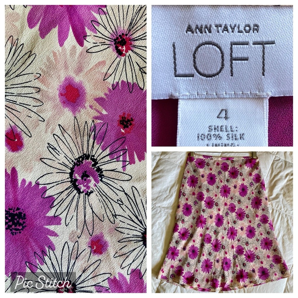 Ann Taylor LOFT 100% Silk Midi A-Line Skirt 4 Flower Daisy Pink Purple White EUC
